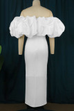 White Elegant Solid Patchwork Fold Off the Shoulder Evening Dress Plus Size Dresses