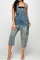 Blue Street Solid Patchwork Buckle Square Collar Straight Jumpsuits