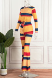 Colour Casual Striped Print Patchwork O Neck Long Sleeve Two Pieces