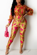 Red Casual Print Patchwork Turtleneck Skinny Jumpsuits (Without Waist Chain)