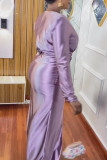 Light Purple Sexy Solid Slit Fold V Neck Long Dress Dresses