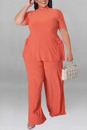 Pink Casual Solid Patchwork O Neck Plus Size Two Pieces