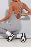 Khaki Casual Sportswear Solid Patchwork Backless U Neck Skinny Jumpsuits