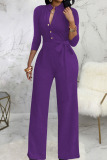 Black Casual Solid Bandage Patchwork Buckle Mandarin Collar Straight Jumpsuits