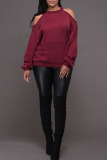 Red Casual Solid Ripped Hollowed Out O Neck Tops