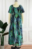 Green Fashion Bohemian Print Slit Off the Shoulder A Line Dresses
