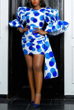 Blue Casual Dot Print Fold O Neck Printed Dress Dresses