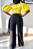 Black Yellow Solid Contrast One Shoulder Half Sleeve Two Pieces