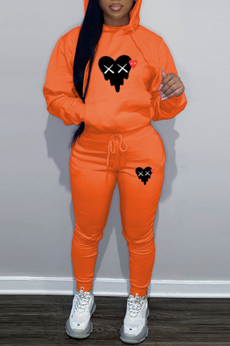Orange Casual Street Print Draw String Hooded Collar Long Sleeve Two Pieces
