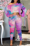 Purple Casual Print Tie Dye Basic O Neck Long Sleeve Two Pieces