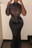Black Sexy Formal Patchwork Hot Drilling See-through Turtleneck Evening Dress Dresses