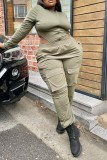 Army Green Casual Solid Patchwork O Neck Plus Size Two Piece Set