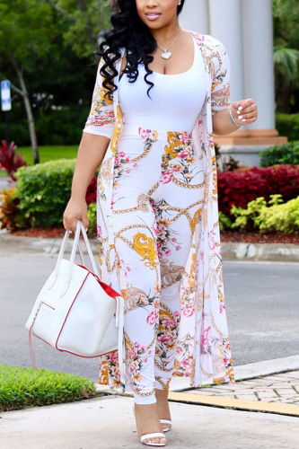 White Fashion Sexy Patchwork Print Straight Long Sleeve