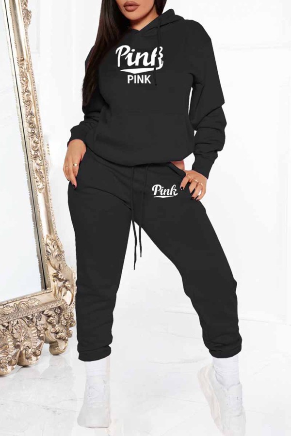 Black Street Print Letter Hooded Collar Long Sleeve Two Pieces