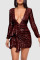 Burgundy Sexy Solid Sequins Patchwork Flounce V Neck One Step Skirt Dresses