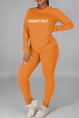 Orange Casual Print Letter O Neck Long Sleeve Two Pieces