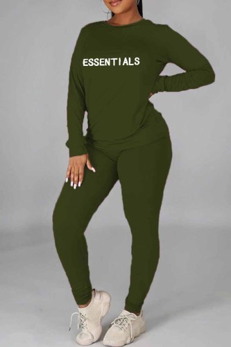 Army Green Casual Print Letter O Neck Long Sleeve Two Pieces