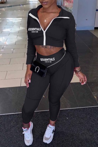 Black Sportswear Print Letter Zipper Collar Long Sleeve Two Pieces