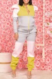 Yellow Casual Patchwork Contrast Zipper Collar Long Sleeve Two Pieces