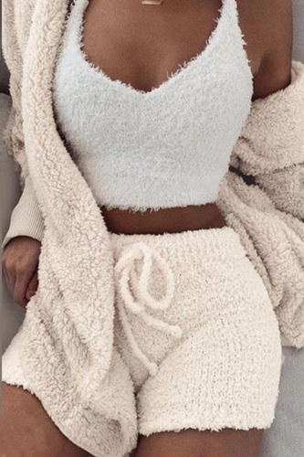Cream White Casual Solid Patchwork Hooded Collar Long Sleeve Three Pieces