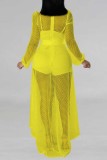 Yellow Sexy Casual Solid Patchwork See-through V Neck Regular Jumpsuits