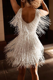 White Fashion Elegant Solid Tassel Patchwork V Neck Evening Dress Dresses