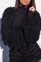 Black Street Solid Tassel Patchwork Cardigan Collar Outerwear