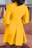 Yellow Street Solid Hollowed Out Half A Turtleneck Cake Skirt Dresses