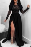 Black Sexy Formal Patchwork Sequins See-through Backless Slit O Neck Evening Dress Dresses