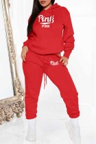 Red Street Print Letter Hooded Collar Long Sleeve Two Pieces