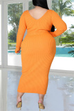 Orange Fashion Casual Solid Basic V Neck Long Sleeve Plus Size Dresses