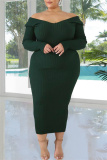 Army Green Fashion Casual Solid Basic V Neck Long Sleeve Plus Size Dresses