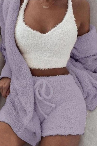 Purple Casual Solid Patchwork Hooded Collar Long Sleeve Three Pieces
