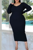 Green Fashion Casual Solid Basic V Neck Long Sleeve Plus Size Dresses