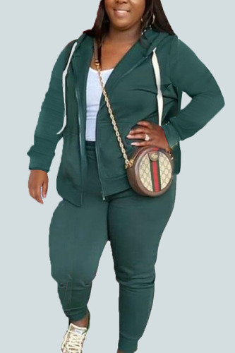 Black Green Sportswear Solid Patchwork Hooded Collar Plus Size Two Pieces