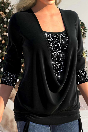 Black Casual Solid Sequins Patchwork Asymmetrical Collar Tops