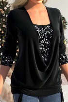 Black Casual Solid Sequins Patchwork Asymmetrical Collar Tops