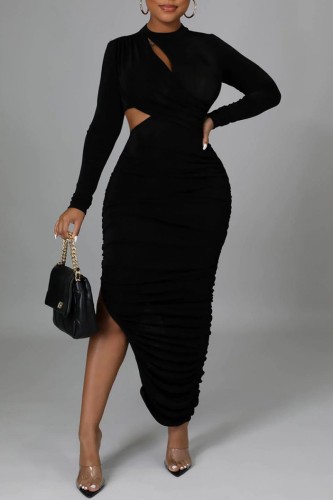 Black O Neck with Cut-Outs Long Sleeve Side Slit Prom Party Ruched Bodycon Maxi Dresses