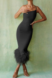 Black Sexy Solid Patchwork Feathers Asymmetrical Oblique Collar Trumpet Mermaid Dresses