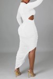 White Sexy Solid Hollowed Out Fold O Neck Long Sleeve Dresses