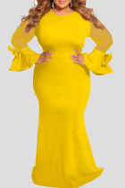 Yellow Elegant Solid Patchwork O Neck Straight Plus Size Dresses