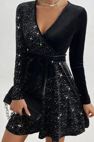Black Sexy Solid Patchwork Hot Drill V Neck A Line Dresses