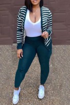 Ink Green Casual Striped Print Cardigan Pants Long Sleeve Two Pieces