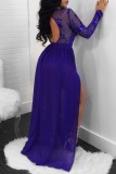 Blue Sexy Formal Patchwork Sequins See-through Slit O Neck Evening Dress Dresses