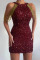 Burgundy Sexy Elegant Solid Sequins Patchwork Chains O Neck Pencil Skirt Dresses