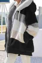 Black Casual Street Striped Print Patchwork Zipper Hooded Collar Outerwear