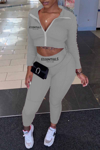 Grey Sportswear Print Letter Zipper Collar Long Sleeve Two Pieces