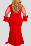 Red Elegant Solid Patchwork O Neck Straight Plus Size Dresses