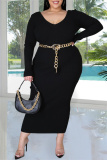 Burgundy Fashion Casual Solid Basic V Neck Long Sleeve Plus Size Dresses