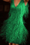 Green Fashion Elegant Solid Tassel Patchwork V Neck Evening Dress Dresses